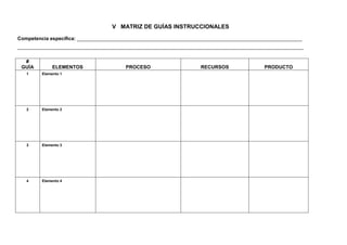 V MATRIZ DE GUÍAS INSTRUCCIONALES

Competencia específica: __________________________________________________________________________________
________________________________________________________________________________________________________

  #
 GUÍA         ELEMENTOS                 PROCESO                     RECURSOS               PRODUCTO
   1     Elemento 1




   2     Elemento 2




   3     Elemento 3




   4     Elemento 4
 