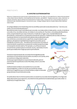 PRÁCTICO N°5
EL ESPECTRO ELECTROMAGNÉTICO
Referencia: Fundamentos de espectroscopía empleando physicssensor, Por: Diego Luis Aristizábal Ramírez, Roberto Restrepo Aguilar
y Carlos Alberto Ramírez Martínez, Universidad Nacional de Colombia, sede Medellín ; Thephysicsclassroom, ondas y vibracione;, La
radiación ultravioleta, Agencia deProtección Ambiental de los Estados Unidos; Construcción de un sistema de bajo costo para la
medición de rayos ultravioleta basado en internet de las cosas, Verduga-Urdánigo Fabricio1; Cevallos-Macías John2; Solórzano-
Cadena Rubén
Un antiguodebate se ha mantenidoentre loscientíficos acercade lanaturalezade laluz: "¿Es laluzuna
onda o unacorriente de partículas?".
Recordemosantesloque entendemosporunaonda. Las ondasestánentodas partes,unaola, el sonidoes
una onda,la luz,lasondas sísmicas,las ondasenuna cuerda,etc.Puesbien,unaondapuede describirse
como unaperturbación que viajaa travésde un mediode unlugara otro. Cuandohablamosde
perturbación,estapuede serunapequeñavariaciónde lapresión si hablamosde lasondassonoras,o
cuandopercibimosunmovimientoascendenteydescendentedel suelo
nos remitimosaunaondasísmica superficial;unaperturbación,que
aparece y desaparece repetidamenteme generaunaonda,que se
trasladade unpuntoa otro. Una diferenciacrucial entre unaondayel
movimientode unapartículaes justamente laondatransportaenergía
sintransporte netode materia.Porejemplo,unsurfistase moverá
circularmente cuandolopasa la crestade unaola, volviendoal mismo
puntoque estabaantesluegoque pasala perturbación.
Una buenarepresentaciónde unaondaelectromagnéticapuede
asemejarse al movimientotransversalde unaondaenuna cuerda,como
se muestraen lafigurade laderecha.
Vemosque laperturbaciónse mueve haciala derecha,peroel
movimientode laspartículasesde arriba abajo,estoes unaonda
transversal.
A diferenciade laondaen unacuerda laluz esuna onda
electromagnética,esdecirenvezde unacuerdahay campos
eléctricosymagnéticosque se retroalimentanyviajanendirección
perpendicularal movimientode laonda.
Sinprofundizarmásenel temaveamoscómo se caracterizauna onda electromagnética.Enla figurade
abajoobservamosque engeneral,unaondatiene dosparámetrosfundamentalesque ladescriben:la
amplitudyla longitudde onda.
 