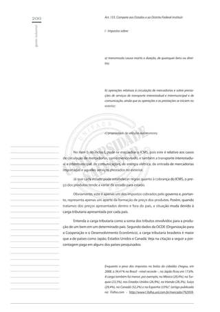 200 
gestão industrial 
________________________ 
________________________ 
________________________ 
________________________ 
________________________ 
________________________ 
________________________ 
________________________ 
________________________ 
________________________ 
________________________ 
________________________ 
________________________ 
________________________ 
________________________ 
________________________ 
________________________ 
________________________ 
________________________ 
________________________ 
________________________ 
________________________ 
________________________ 
________________________ 
________________________ 
Art. 155. Compete aos Estados e ao Distrito Federal instituir: 
I - impostos sobre: 
a) transmissão causa mortis e doação, de quaisquer bens ou direitos; 
b) operações relativas à circulação de mercadorias e sobre prestações de serviços de transporte interestadual e intermunicipal e de comunicação, ainda que as operações e as prestações se iniciem no exterior; 
c) propriedade de veículos automotores; 
No item b do inciso I, pode-se enquadrar o ICMS, pois este é relativo aos casos de circulação de mercadorias, como mencionado, e também a transporte interestadual e intermunicipal, de comunicações, de energia elétrica, de entrada de mercadorias importadas e aqueles serviços prestados no exterior. 
Já que cada estado pode estabelecer regras quanto à cobrança do ICMS, o preço dos produtos tende a variar de estado para estado. 
Obviamente, este é apenas um dos impostos cobrados pelo governo e, portanto, representa apenas um aparte da formação de preço dos produtos. Porém, quando tratamos dos preços apresentados dentro e fora do país, a situação muda devido à carga tributaria apresentada por cada país. 
Entenda a carga tributaria como a soma dos tributos envolvidos para a produção de um bem em um determinado país. Segundo dados da OCDE (Organização para a Cooperação e o Desenvolvimento Econômico), a carga tributaria brasileira é maior que a de países como Japão, Estados Unidos e Canadá. Veja na citação a seguir a porcentagem paga em alguns dos países pesquisados: 
Enquanto o peso dos impostos no bolso do cidadão chegou, em 2008, a 34,41% no Brasil --nível recorde--, no Japão ficou em 17,6%. A carga também foi menor, por exemplo, no México (20,4%), na Turquia (23,5%), nos Estados Unidos (26,9%), na Irlanda (28,3%), Suíça (29,4%), no Canadá (32,2%) e na Espanha (33%)”. (artigo publicado na Folha.com - http://www1.folha.uol.com.br/mercado/792959-  