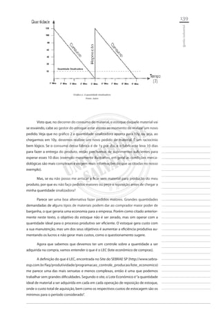 139 
________________________ 
________________________ 
________________________ 
________________________ 
________________________ 
________________________ 
________________________ 
________________________ 
________________________ 
________________________ 
________________________ 
________________________ 
________________________ 
________________________ 
________________________ 
________________________ 
________________________ 
________________________ 
________________________ 
________________________ 
________________________ 
________________________ 
________________________ 
________________________ 
________________________ 
gestão industrial 
Gráfico 2: A quantidade sinalizadora 
Fonte: Autor 
Visto que, no decorrer do consumo do material, o estoque daquele material vai se esvaindo, cabe ao gestor do estoque estar atento ao momento de realizar um novo pedido. Veja que no gráfico 2 a quantidade sinalizadora aponta para 10y, ou seja, ao chegarmos em 10y, devemos realizar um novo pedido de material. É um raciocínio bem lógico. Se o consumo dessa fábrica é de 1y por dia, e o fabricante leva 10 dias para fazer a entrega do produto, então precisamos de suprimentos suficientes para esperar esses 10 dias (exemplo meramente ilustrativo, em geral as condições mercadológicas são mais complexas e exigem mais informações do que as citadas no nosso exemplo). 
Mas, se eu não posso me arriscar a ficar sem material para produção do meu produto, por que eu não faço pedidos maiores ou peço a reposição antes de chegar a minha quantidade sinalizadora? 
Parece ser uma boa alternativa fazer pedidos maiores. Grandes quantidades demandadas de alguns tipos de materiais podem dar ao comprador maior poder de barganha, o que geraria uma economia para a empresa. Porém como citado anteriormente neste texto, o objetivo do estoque não é ser zerado, mas sim operar com a quantidade ideal para o processo produtivo ser eficiente. O estoque gera custo com a sua manutenção, mas um dos seus objetivos é aumentar a eficiência produtiva aumentando os lucros e não gerar mais custos, como o questionamento sugere. 
Agora que sabemos que devemos ter um controle sobre a quantidade a ser adquirida na compra, vamos entender o que é o LEC (lote econômico de compras). 
A definição do que é LEC, encontrada no Site do SEBRAE SP (http://www.sebraesp. com.br/faq/produtividade/programacao_controle_producao/lote_economico) me parece uma das mais sensatas e menos complexas, então é uma que podemos trabalhar sem grandes dificuldades. Segundo o site, o Lote Econômico é “a quantidade ideal de material a ser adquirida em cada em cada operação de reposição de estoque, onde o custo total de aquisição, bem como os respectivos custos de estocagem são os mínimos para o período considerado”.  