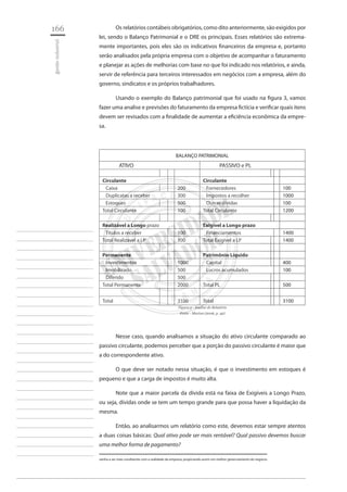166 
gestão industrial 
________________________ 
________________________ 
________________________ 
________________________ 
________________________ 
________________________ 
________________________ 
________________________ 
________________________ 
________________________ 
________________________ 
________________________ 
________________________ 
________________________ 
________________________ 
________________________ 
________________________ 
________________________ 
________________________ 
________________________ 
________________________ 
________________________ 
________________________ 
________________________ 
________________________ 
Os relatórios contábeis obrigatórios, como dito anteriormente, são exigidos por lei, sendo o Balanço Patrimonial e o DRE os principais. Esses relatórios são extremamente importantes, pois eles são os indicativos financeiros da empresa e, portanto serão analisados pela própria empresa com o objetivo de acompanhar o faturamento e planejar as ações de melhorias com base no que foi indicado nos relatórios, e ainda, servir de referência para terceiros interessados em negócios com a empresa, além do governo, sindicatos e os próprios trabalhadores. 
Usando o exemplo do Balanço patrimonial que foi usado na figura 3, vamos fazer uma analise e previsões do faturamento da empresa fictícia e verificar quais itens devem ser revisados com a finalidade de aumentar a eficiência econômica da empresa. 
BALANÇO PATRIMONIAL 
ATIVO 
PASSIVO e PL 
Circulante 
Circulante 
Caixa 
200 
Fornecedores 
100 
Duplicatas a receber 
300 
Impostos a recolher 
1000 
Estoques 
500 
Outras dívidas 
100 
Total Circulante 
100 
Total Circulante 
1200 
Realizável a Longo prazo 
Exigível a Longo prazo 
Títulos a receber 
100 
Financiamentos 
1400 
Total Realizável a LP 
100 
Total Exigível a LP 
1400 
Permanente 
Patrimônio Líquido 
Investimentos 
1000 
Capital 
400 
Imobilizado 
500 
Lucros acumulados 
100 
Diferido 
500 
Total Permanente 
2000 
Total PL 
500 
Total 
3100 
Total 
3100 
Figura 5 - Analise do Relatório 
Fonte - Marion (2006, p. 42) 
Nesse caso, quando analisamos a situação do ativo circulante comparado ao passivo circulante, podemos perceber que a porção do passivo circulante é maior que a do correspondente ativo. 
O que deve ser notado nessa situação, é que o investimento em estoques é pequeno e que a carga de impostos é muito alta. 
Note que a maior parcela da dívida está na faixa de Exigíveis a Longo Prazo, ou seja, dívidas onde se tem um tempo grande para que possa haver a liquidação da mesma. 
Então, ao analisarmos um relatório como este, devemos estar sempre atentos a duas coisas básicas: Qual ativo pode ser mais rentável? Qual passivo devemos buscar uma melhor forma de pagamento? venha a ser mais condizente com a realidade da empresa, propiciando assim um melhor gerenciamento do negócio.  