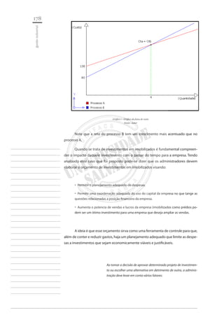 178 
gestão industrial 
________________________ 
________________________ 
________________________ 
________________________ 
________________________ 
________________________ 
________________________ 
________________________ 
________________________ 
________________________ 
________________________ 
________________________ 
________________________ 
________________________ 
________________________ 
________________________ 
________________________ 
________________________ 
________________________ 
________________________ 
________________________ 
________________________ 
________________________ 
________________________ 
________________________ 
Gráfico 1 - Gráfico da faixa de custo 
Fonte: Autor 
Note que a reta do processo B tem um crescimento mais acentuado que no processo A. 
Quando se trata de investimentos em imobilizados é fundamental compreender o impacto daquele investimento com o passar do tempo para a empresa. Tendo analisado este caso que foi proposto pode-se dizer que os administradores devem elaborar o orçamento de investimentos em imobilizados visando: 
Permitir o planejamento adequado de despesas.‚‚ 
Permitir uma coordenação adequada do uso do capital da empresa no que tange as ‚‚ questões relacionadas a posição financeira da empresa. 
Aumenta o potencia de vendas e lucros da empresa (imobilizados como prédios po ‚‚ dem ser um ótimo investimento para uma empresa que deseja ampliar as vendas. 
A ideia é que esse orçamento sirva como uma ferramenta de controle para que, além de conter e reduzir gastos, haja um planejamento adequado que limite as despesas a investimentos que sejam economicamente viáveis e justificáveis. 
Ao tomar a decisão de aprovar determinado projeto de investimento ou escolher uma alternativa em detrimento de outra, a administração deve levar em conta vários fatores:  