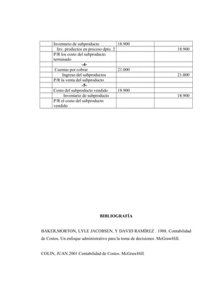 Inventario de subproducto 18.900
Inv. productos en proceso dpto. 2 18.900
P/R los costo del subproducto
terminado
-4-
Cuentas por cobrar 21.000
Ingreso del subproductos 21.000
P/R la venta del subproducto
-5-
Costo del subproducto vendido 18.900
Inventario de subproducto 18.900
P/R el costo del subproducto
vendido
BIBLIOGRAFÍA
BAKER,MORTON, LYLE JACOBSEN, Y DAVID RAMÍREZ . 1988. Contabilidad
de Costos. Un enfoque administrativo para la toma de decisiones. McGrawHill.
COLIN, JUAN.2001 Contabilidad de Costos. McGrawHill.
 