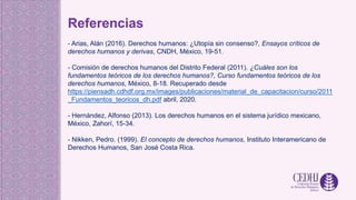 Referencias
- Arias, Alán (2016). Derechos humanos: ¿Utopía sin consenso?, Ensayos críticos de
derechos humanos y derivas, CNDH, México, 19-51.
- Comisión de derechos humanos del Distrito Federal (2011). ¿Cuáles son los
fundamentos teóricos de los derechos humanos?, Curso fundamentos teóricos de los
derechos humanos, México, 8-18. Recuperado desde
https://piensadh.cdhdf.org.mx/images/publicaciones/material_de_capacitacion/curso/2011
_Fundamentos_teoricos_dh.pdf abril, 2020.
- Hernández, Alfonso (2013). Los derechos humanos en el sistema jurídico mexicano,
México, Zahorí, 15-34.
- Nikken, Pedro. (1999). El concepto de derechos humanos, Instituto Interamericano de
Derechos Humanos, San José Costa Rica.
 