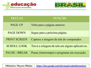 TECLAS                                    FUNÇÃO

     PAGE UP             Volta para a página anterior.

  PAGE DOWN              Segue para a próxima página.

PRINT SCREEN             Captura a imagem da tela do computador .

SCROLL LOOK              Trava a rolagem de tela em alguns aplicativos.

PAUSE / BREAK            Pausa (interrompe) o programa em execução.



Oficineira: Mayara Mônica - https://sites.google.com/site/arquivosdeinformatica/
 