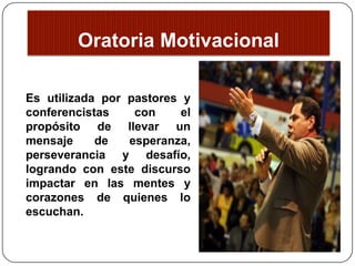 Oratoria Motivacional
Es utilizada por pastores y
conferencistas
con
el
propósito de llevar un
mensaje
de
esperanza,
perseverancia y desafío,
logrando con este discurso
impactar en las mentes y
corazones de quienes lo
escuchan.

 