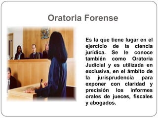 Oratoria Forense
Es la que tiene lugar en el
ejercicio de la ciencia
jurídica. Se le conoce
también como Oratoria
Judicial y es utilizada en
exclusiva, en el ámbito de
la jurisprudencia para
exponer con claridad y
precisión los informes
orales de jueces, fiscales
y abogados.

 