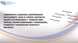 COMPARTIR EL LIDERAZGO, RESPETÁNDOSE
MUTUAMENTE TODO EL TIEMPO, DECIDIR EN
EQUIPO LOS PROBLEMAS Y TRABAJOS MÁS
DIFÍCILES, REUNIR HABILIDADES Y CAPACIDADES,
COMBINAR Y APROVECHAR TALENTOS Y
RECURSOS.
 