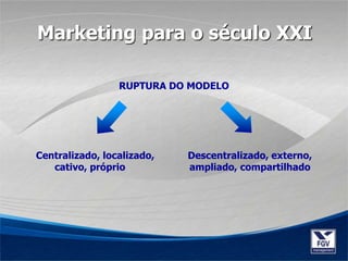 RUPTURA DO MODELO
Centralizado, localizado, Descentralizado, externo,
cativo, próprio ampliado, compartilhado
Marketing para o século XXI
 
