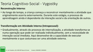Teoria Cognitivo-Social - Vygostky
Reconstrução Interna:
• Ao longo do tempo, a criança começa a reconstruir mentalmente a atividade que
originalmente ocorria externamente. Durante este estágio, o processo de
aprendizagem ainda é dependente da interação social e da orientação de outros.
Transformação em Atividade Interna (Intrapessoal):
• Gradualmente, através do processo de internalização, a atividade transforma-se
numa operação que pode ser realizada individualmente, sem a necessidade de
interação social imediata. Aqui desenvolve-de a capacidade de executar
mentalmente o que costumava ser uma atividade externa.
.
 