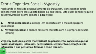 Teoria Cognitivo-Social - Vygostky
Analisando as fases do desenvolvimento da linguagem, conseguimos ainda
compreender outro pressuposto básico da sua teoria. Este autor considera que o
desenvolvimento ocorre sempre a dois niveis:
1. Nível interpessoal: a criança em contacto com o meio (linguagem
socializada)
2. Nível intrapessoal: a criança entra em contacto com e la própria (discurso
interior)
Vygostky analisou a esfera motivacional do pensamento, concluindo que as
nossas motivações, interesses, necessidades, sentimentos e emoções, vão
influenciar o que pensamos, fizemos e como dizemos.
.
 