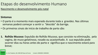 Etapas do desenvolvimento Humano
Nascimento e desenvolvimento pós-natal
Sintomas
• O parto é o momento mais esperado durante toda a gravidez. Nas últimas
semanas poderá começar a sentir a “descida” da barriga.
• Os primeiros sinais de início de trabalho de parto são:
1. Rolhão Mucoso: Expulsão do Rolhão Mucoso, que consiste na eliminação, pela
vagina, de muco gelatinoso, rosado ou acastanhado. A sua expulsão pode
ocorrer dias ou horas antes do parto e significa que o nascimento estará para
breve;
.
 