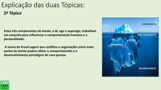 Explicação das duas Tópicas:
2ª Tópica
Estas três componentes da mente, o id, ego e superego, trabalham
em conjunto para influenciar o comportamento humano e a
personalidade.
A teoria de Freud sugere que conflitos e negociações entre estas
partes da mente podem afetar o comportamento e o
desenvolvimento psicológico de uma pessoa.
 