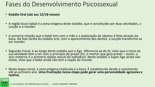 Fases do Desenvolvimento Psicossexual
• Estádio Oral (até aos 12/18 meses)
• A região buco-labial é a zona erógena deste estádio, que é constituído por duas atividades, a
sucção e o morder.
• A primeira relação que o bebé tem com a mãe e a exploração de objetos é feita através da
boca. Na fase tardia do estádio oral, com o aparecimento dos dentes, a sucção transforma-se
em morder.
• Segundo Freud, é ao longo deste estádio que o Ego diferencia-se do Id, visto que o início da
sua atividade tem a ver com o princípio do prazer (Ex: o mamar que gera prazer – assim, o
seio materno é o primeiro objeto sexual do indivíduo). Neste estádio o Super-Ego ainda não
existe, visto que o bebé ainda não tem a noção do mundo.
• Nesta etapa inicial, a zona erógena implicada é a boca. É estabelecida desde o nascimento
até ao primeiro ano. Uma frustração nessa etapa pode gerar uma personalidade agressiva e
reativa.
 