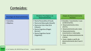 Conteúdos:
Psicologia do Desenvolvimento
• Conceito;
• Objetivo;
Modelos Psicológicos do
Desenvolvimento
• Teoria Psicanalítica (Freud);
• Teoria da Maturação (Gesell);
• Teoria do Ciclo Vital (Erik
Erikson);
• Teoria Cognitiva (Piaget,
Burner);
• Teoria Cognitivo-Social
(Vygotsky);
Etapas do Desenvolvimento
Humano
• Gravidez / nascimento / suas
condicionantes,
• Desenvolvimento intra-
uterino,
• Desenvolvimento pós-natal,
• Desenvolvimento,
crescimento e maturação,
• Fases do desenvolvimento da
criança.
• Fases, idades e perfis do
desenvolvimento dos 0 aos 6
anos.
 