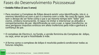 Fases do Desenvolvimento Psicossexual
• Estádio Fálico (3 aos 5 anos)
• Para resolver o Complexo de Édipo deverá existir uma identificação, isto é, o
menino identifica-se com o pai e a menina com a mãe. No caso do rapaz, este
tem o desejo de ser forte como o pai e ao mesmo tempo tem “ódio” por
ciúme, embora inconsciente. O rapaz irá imitar e interiorizar as atitudes e
comportamentos do pai. Identificando-se com o pai, o rapaz transforma os
seus perigosos impulsos eróticos em afeto inofensivo pela mãe e ganhará a
confiança do pai.
• O complexo de Electra é, no fundo, a versão feminina do Complexo de édipo,
ou seja, amor ao pai e hostilidade à mãe.
• A forma como o complexo de édipo é resolvida poderá condicionar todas as
futuras relações.
 