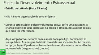 Fases do Desenvolvimento Psicossexual
• Estádio de Latência (6 aos 13 anos)
• Não há nova organização de zona erógena.
• Durante este estádio, o desenvolvimento sexual sofre uma paragem. A
criança investe os seus interesses na escola e amigos, nos aspetos sociais
que mais lhe interessam.
• Aqui, o Ego tornou-se forte com a ajuda do Super-Ego, dominando as
suas pulsões. As energias do Id são investidas na socialização. Ao mesmo
tempo, o Super-Ego desenvolve-se devido a recalcamentos de tendências
repreensíveis (vergonha, nojo, moral).
 