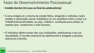 Fases do Desenvolvimento Psicossexual
• Estádio Genital (13 anos ao final da adolescência)
• A zona erógena é a mesma do estado fálico, atingindo o indivíduo neste
estádio a maturação sexual. Estabelece-se um equilíbrio entre o amor e o
Trabalho/Generatividade, ou seja, a libido é canalizada para ambos os
aspetos que caraterizam a vida humana.
• O indivíduo obtém prazer das suas realizações profissionais e da sua
sexualidade. O mundo relacional do adolescente é alargado a pessoas
exteriores à família.
 