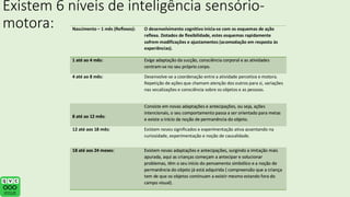 Existem 6 níveis de inteligência sensório-
motora:
 