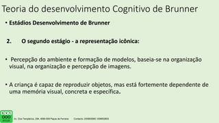 Teoria do desenvolvimento Cognitivo de Brunner
• Estádios Desenvolvimento de Brunner
2. O segundo estágio - a representação icônica:
• Percepção do ambiente e formação de modelos, baseia-se na organização
visual, na organização e percepção de imagens.
• A criança é capaz de reproduzir objetos, mas está fortemente dependente de
uma memória visual, concreta e específica.
 