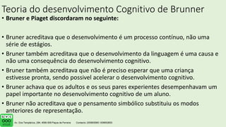 Teoria do desenvolvimento Cognitivo de Brunner
• Bruner e Piaget discordaram no seguinte:
• Bruner acreditava que o desenvolvimento é um processo contínuo, não uma
série de estágios.
• Bruner também acreditava que o desenvolvimento da linguagem é uma causa e
não uma consequência do desenvolvimento cognitivo.
• Bruner também acreditava que não é preciso esperar que uma criança
estivesse pronta, sendo possivel acelerar o desenvolvimento cognitivo.
• Bruner achava que os adultos e os seus pares experientes desempenhavam um
papel importante no desenvolvimento cognitivo de um aluno.
• Bruner não acreditava que o pensamento simbólico substituiu os modos
anteriores de representação.
 