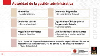 15
Autoridad de la gestión administrativa
Ministerios
• Secretaría General
Gobiernos Regionales
• Gerencia General Regional
Gobiernos Locales
• Gerencia Municipal
Organismos Públicos y en las
Empresas del Estado
• Gerencia General
Programas y Proyectos
• Director Ejecutivo
Demás entidades contratantes
• Quien ejerce la máxima autoridad
administrativa
En el caso de los órganos desconcentrados y aquellas organizaciones a las que se
hace referencia en los literales k) y l) del párrafo 3.2 del artículo 3 de la LGCP
• Titular de la entidad
 