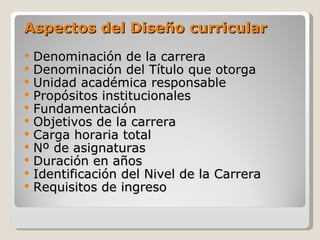 Aspectos del Diseño curricular
   Denominación de la carrera
   Denominación del Título que otorga
   Unidad académica responsable
   Propósitos institucionales
   Fundamentación
   Objetivos de la carrera
   Carga horaria total
   Nº de asignaturas
   Duración en años
   Identificación del Nivel de la Carrera
   Requisitos de ingreso
 