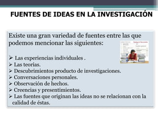 FUENTES DE IDEAS EN LA INVESTIGACIÓN
Existe una gran variedad de fuentes entre las que
podemos mencionar las siguientes:
 Las experiencias individuales .
 Las teorías.
 Descubrimientos producto de investigaciones.
 Conversaciones personales.
 Observación de hechos.
 Creencias y presentimientos.
 Las fuentes que originan las ideas no se relacionan con la
calidad de éstas.
 