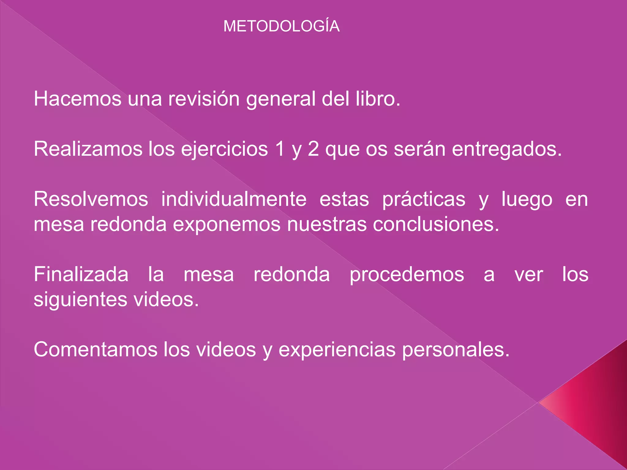 METODOLOGÍA
Hacemos una revisión general del libro.
Realizamos los ejercicios 1 y 2 que os serán entregados.
Resolvemos individualmente estas prácticas y luego en
mesa redonda exponemos nuestras conclusiones.
Finalizada la mesa redonda procedemos a ver los
siguientes videos.
Comentamos los videos y experiencias personales.
 