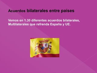 Acuerdos bilaterales entre países
Vemos en 1.30 diferentes acuerdos bilaterales,
Multilaterales que refrenda España y UE.
 