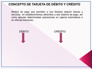 CONCEPTO DE TARJETA DE DÉBITO Y CRÉDITO
Medios de pago que permiten a sus titulares adquirir bienes y
servicios en establecimientos adheridos a ese sistema de pago, así
como ejecutar determinadas operaciones en cajeros automáticos o
en oficinas bancarias.
DÉBITO CRÉDITO
 