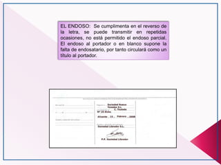 EL ENDOSO: Se cumplimenta en el reverso de
la letra, se puede transmitir en repetidas
ocasiones, no está permitido el endoso parcial.
El endoso al portador o en blanco supone la
falta de endosatario, por tanto circulará como un
título al portador.
 