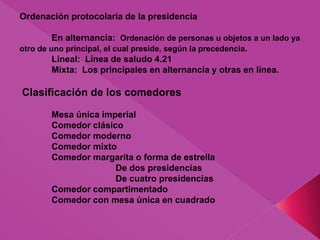 Ordenación protocolaria de la presidencia
En alternancia: Ordenación de personas u objetos a un lado ya
otro de uno principal, el cual preside, según la precedencia.
Lineal: Línea de saludo 4.21
Mixta: Los principales en alternancia y otras en línea.
Clasificación de los comedores
Mesa única imperial
Comedor clásico
Comedor moderno
Comedor mixto
Comedor margarita o forma de estrella
De dos presidencias
De cuatro presidencias
Comedor compartimentado
Comedor con mesa única en cuadrado
 