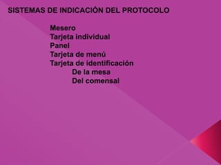 SISTEMAS DE INDICACIÓN DEL PROTOCOLO
Mesero
Tarjeta individual
Panel
Tarjeta de menú
Tarjeta de identificación
De la mesa
Del comensal
 