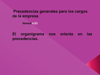 Precedencias generales para los cargos
de la empresa
Vemos 4.63
El organigrama nos orienta en las
precedencias.
 
