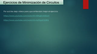 Ejercicios de Minimización de Circuitos
Por acá les dejo videos para que entiendan mejor el ejercicio
https://www.youtube.com/watch?v=8WgEmX0ExaY
https://www.youtube.com/watch?v=bZI2gdOS3RQ
 