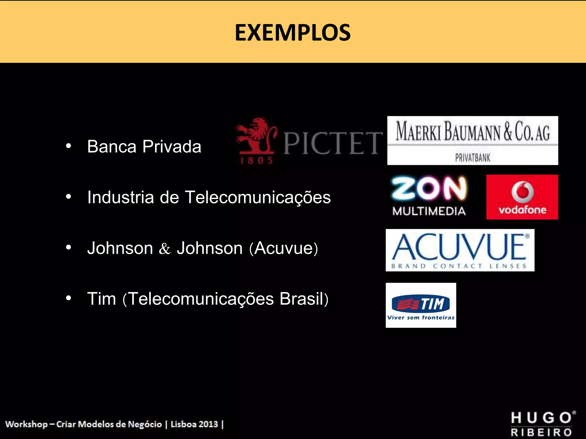 EXEMPLOS
Workshop - Criar Modelos de Negócio - XPTO Consulting
Hugo Ribeiro - Dez 2012
• Banca Privada
• Industria de Telecomunicações
• Johnson & Johnson (Acuvue)
• Tim (Telecomunicações Brasil)
 