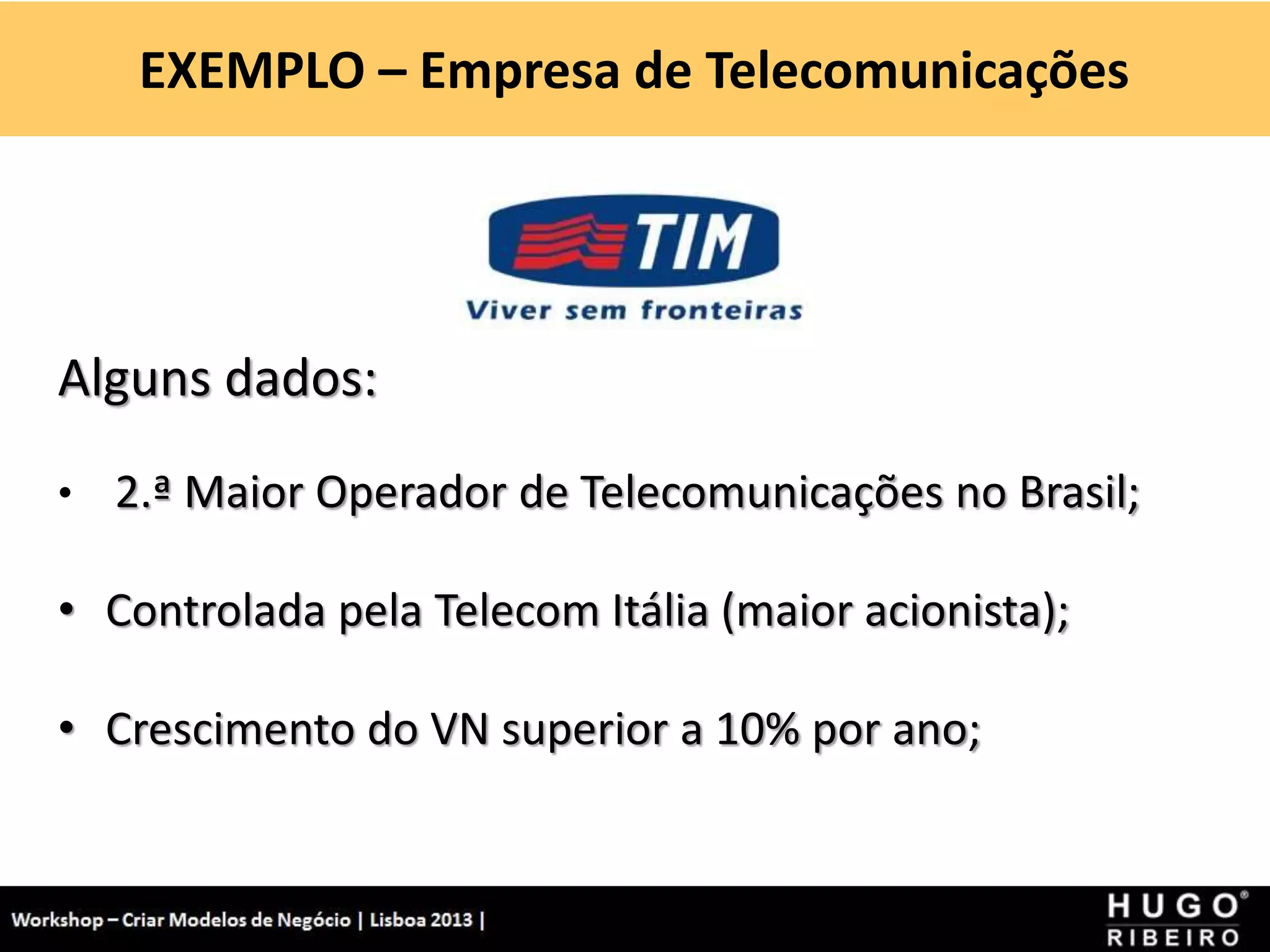EXEMPLO – Empresa de Telecomunicações
Workshop - Criar Modelos de Negócio - XPTO Consulting
Hugo Ribeiro - Dez 2012
Alguns dados:
• 2.ª Maior Operador de Telecomunicações no Brasil;
• Controlada pela Telecom Itália (maior acionista);
• Crescimento do VN superior a 10% por ano;
 