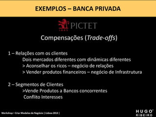EXEMPLOS – BANCA PRIVADA
Workshop - Criar Modelos de Negócio - XPTO Consulting
Hugo Ribeiro - Dez 2012
Compensações (Trade-offs)
1 – Relações com os clientes
Dois mercados diferentes com dinâmicas diferentes
> Aconselhar os ricos – negócio de relações
> Vender produtos financeiros – negócio de Infrastrutura
2 – Segmentos de Clientes
>Vende Produtos a Bancos concorrentes
Conflito Interesses
 