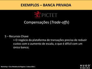EXEMPLOS – BANCA PRIVADA
Workshop - Criar Modelos de Negócio - XPTO Consulting
Hugo Ribeiro - Dez 2012
Compensações (Trade-offs)
5 – Recursos Chave
> O negócio da plataforma de transações precisa de reduzir
custos com o aumento de escala, o que é dificil com um
único banco;
 