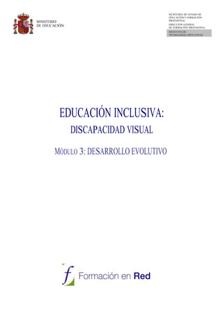 MINISTERIO
DE EDUCACIÓN
SECRETARÍA DE ESTADO DE
EDUCACIÓN Y FORMACIÓN
PROFESIONAL
DIRECCIÓN GENERAL
DE FORMACIÓN PROFESIONAL
INSTITUTO DE
TECNOLOGÍAS EDUCATIVAS
EDUCACIÓN INCLUSIVA:
DISCAPACIDAD VISUAL
MÓDULO 3: DESARROLLO EVOLUTIVO
 
