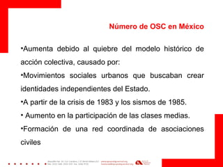 Número de OSC en México
•Aumenta debido al quiebre del modelo histórico de
acción colectiva, causado por:
•Movimientos sociales urbanos que buscaban crear
identidades independientes del Estado.
•A partir de la crisis de 1983 y los sismos de 1985.
• Aumento en la participación de las clases medias.
•Formación de una red coordinada de asociaciones
civiles
 