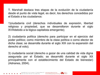T. Marshall destaca tres etapas de la evolución de la ciudadanía
desde el punto de vista legal, es decir, los derechos concedidos por
el Estado a los ciudadanos:
1)ciudadanía civil (derechos individuales de expresión, libertad
religiosa y propiedad, que se desarrollaron durante el siglo
XVIIIdebido a la lógica capitalista emergente);
2) ciudadanía política (derecho para participar en el ejercicio del
poder político; como miembro de la clase política o como elector de
dicha clase; se desarrolla durante el siglo XIX con la expansión del
derecho al voto);
3) ciudadanía social (derecho a gozar de una calidad de vida digna
asegurada por el Estado; se desarrolló durante el siglo XX
principalmente con el establecimiento del Estado de bienestar)
(Adnanes, 2004).
 