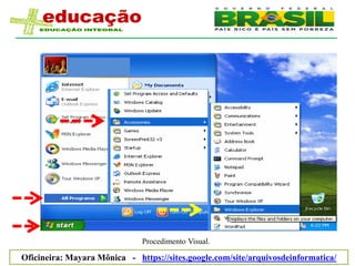 Procedimento Visual.

Oficineira: Mayara Mônica - https://sites.google.com/site/arquivosdeinformatica/
 