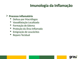 Imunologia da Inflamação
 Processo inflamatório
 Defesa por Macrófagos
 Vasodilatação Localizada
 Formação de Edema
 Proteção da Área Inflamada
 Emigração de Leucócitos
 Reparo Tecidual
 