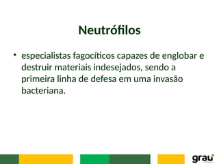 Neutrófilos
• especialistas fagocíticos capazes de englobar e
destruir materiais indesejados, sendo a
primeira linha de defesa em uma invasão
bacteriana.
 