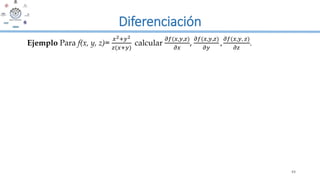 43
Diferenciación
Ejemplo Para f(x, y, z)=
𝑥2+𝑦2
𝑧(𝑥+𝑦)
calcular
𝜕𝑓(𝑥,𝑦,𝑧)
𝜕𝑥
,
𝜕𝑓(𝑥,𝑦,𝑧)
𝜕𝑦
,
𝜕𝑓(𝑥,𝑦, 𝑧)
𝜕𝑧
.
 