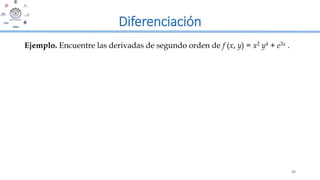 45
Diferenciación
Ejemplo. Encuentre las derivadas de segundo orden de f (x, y) = x2 y4 + e3x .
 