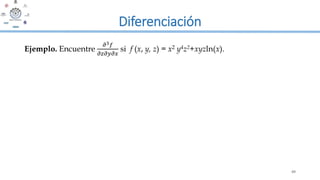 49
Diferenciación
Ejemplo. Encuentre
𝜕3𝑓
𝜕𝑧𝜕𝑦𝜕𝑥
si f (x, y, z) = x2 y4z2+xyzln(x).
 