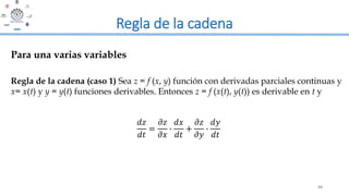 54
Regla de la cadena
Regla de la cadena (caso 1) Sea z = f (x, y) función con derivadas parciales continuas y
x= x(t) y y = y(t) funciones derivables. Entonces z = f (x(t), y(t)) es derivable en t y
𝑑𝑧
𝑑𝑡
=
𝜕𝑧
𝜕𝑥
∙
𝑑𝑥
𝑑𝑡
+
𝜕𝑧
𝜕𝑦
∙
𝑑𝑦
𝑑𝑡
Para una varias variables
 